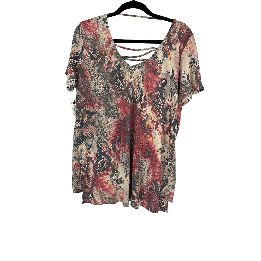 CY Fashion Snakeskin Print Top Short Sleeve Crisscross Back Casual Blouse‎